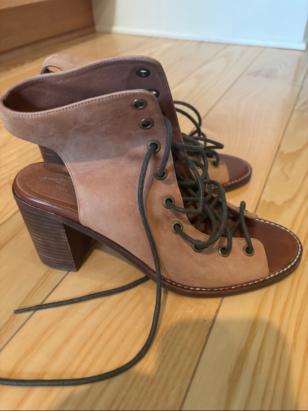 Free People Taupe Suede Lace-Up Open-Toe Block Heel Sandal